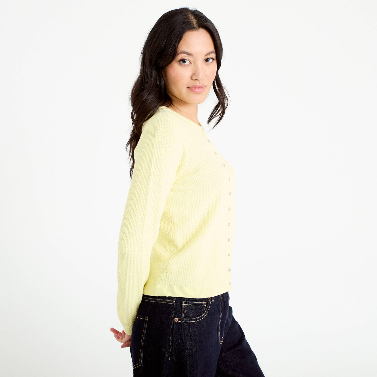 Gilet ajour&eacute; manches longues jaune clair femme