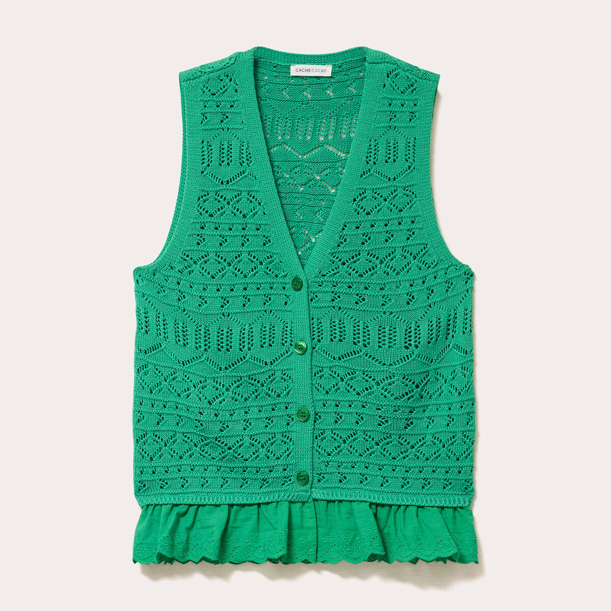 D&eacute;bardeur col v ajour&eacute; aspect dentelle vert menthe femme