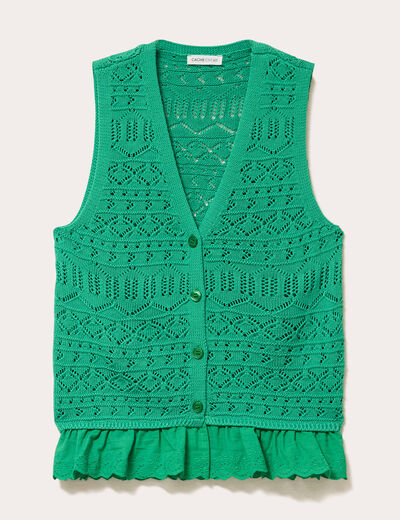 D&eacute;bardeur col v ajour&eacute; aspect dentelle vert menthe femme