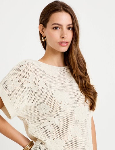 Pull ajour&eacute; col bateau manches courtes ecru femme