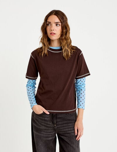 Top col rond manches courtes marron fonc&eacute; femme