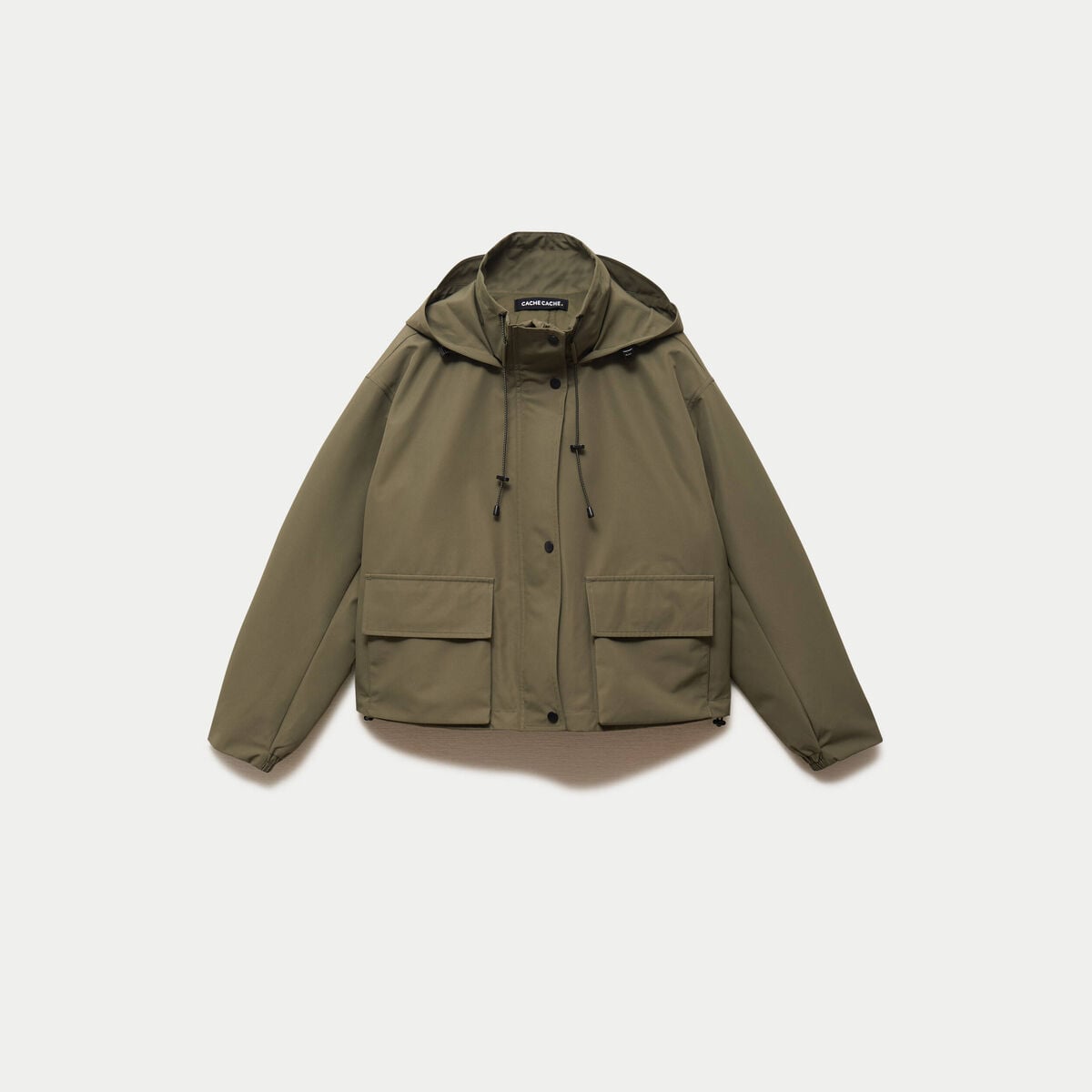 Veste courte bas resserr&eacute; &agrave; capuche vert kaki femme