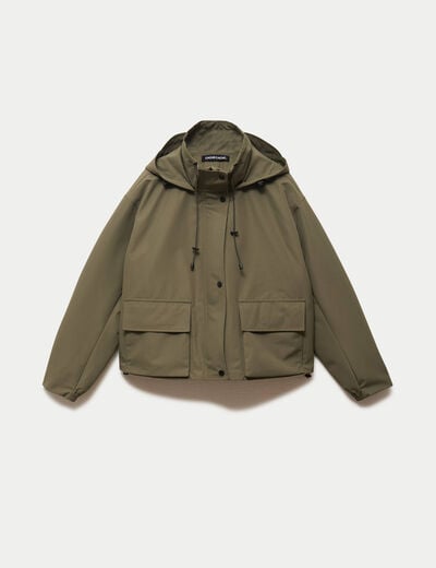 Veste courte bas resserr&eacute; &agrave; capuche vert kaki femme