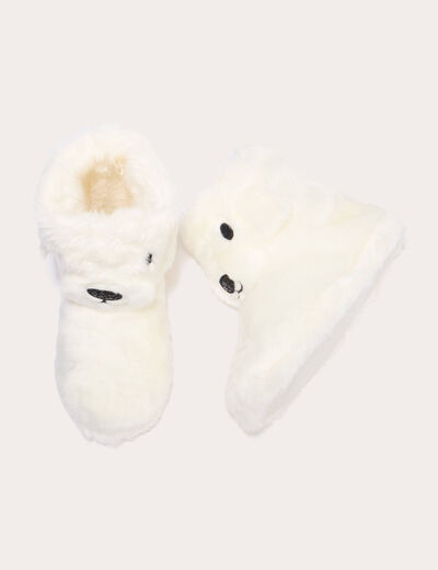 Chaussons bottes fausse fourrure ecru femme