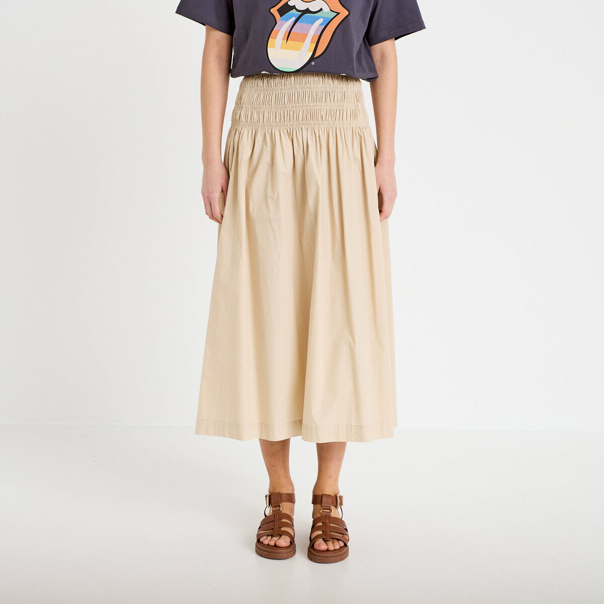 Jupon &eacute;vas&eacute; taille smock&eacute;e beige femme