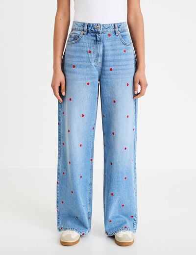 Jean wide leg taille haute brod&eacute; denim double stone femme