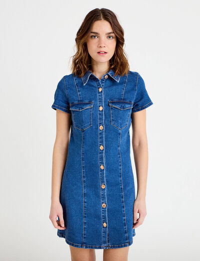 Robe trap&egrave;ze courte en jean col chemise denim double stone femme