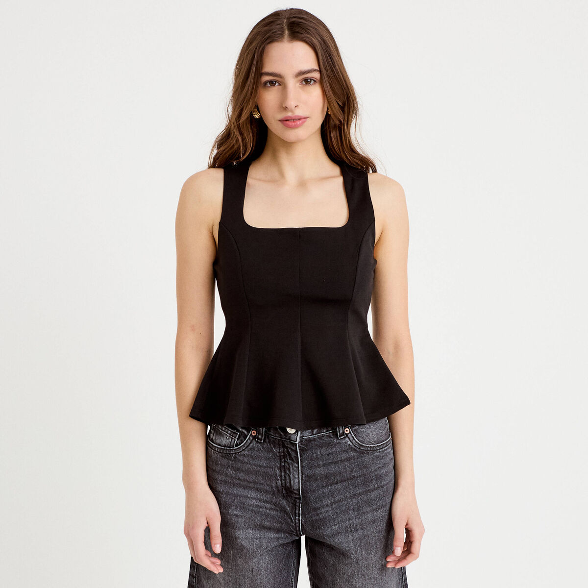 Top cintr&eacute; col carr&eacute; sans manches noir femme