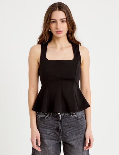 Top cintr&eacute; col carr&eacute; sans manches noir femme