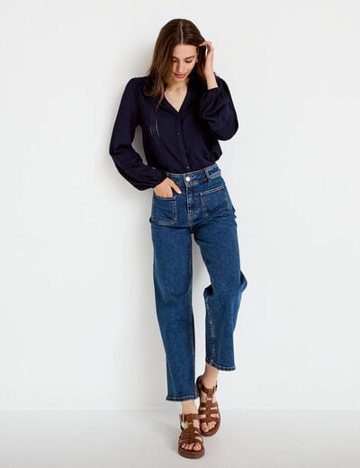 Blouse broderie col V manches longues bleu marine femme