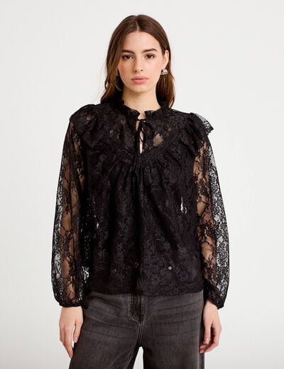 Blouse col rond manches longues dentelle noir femme