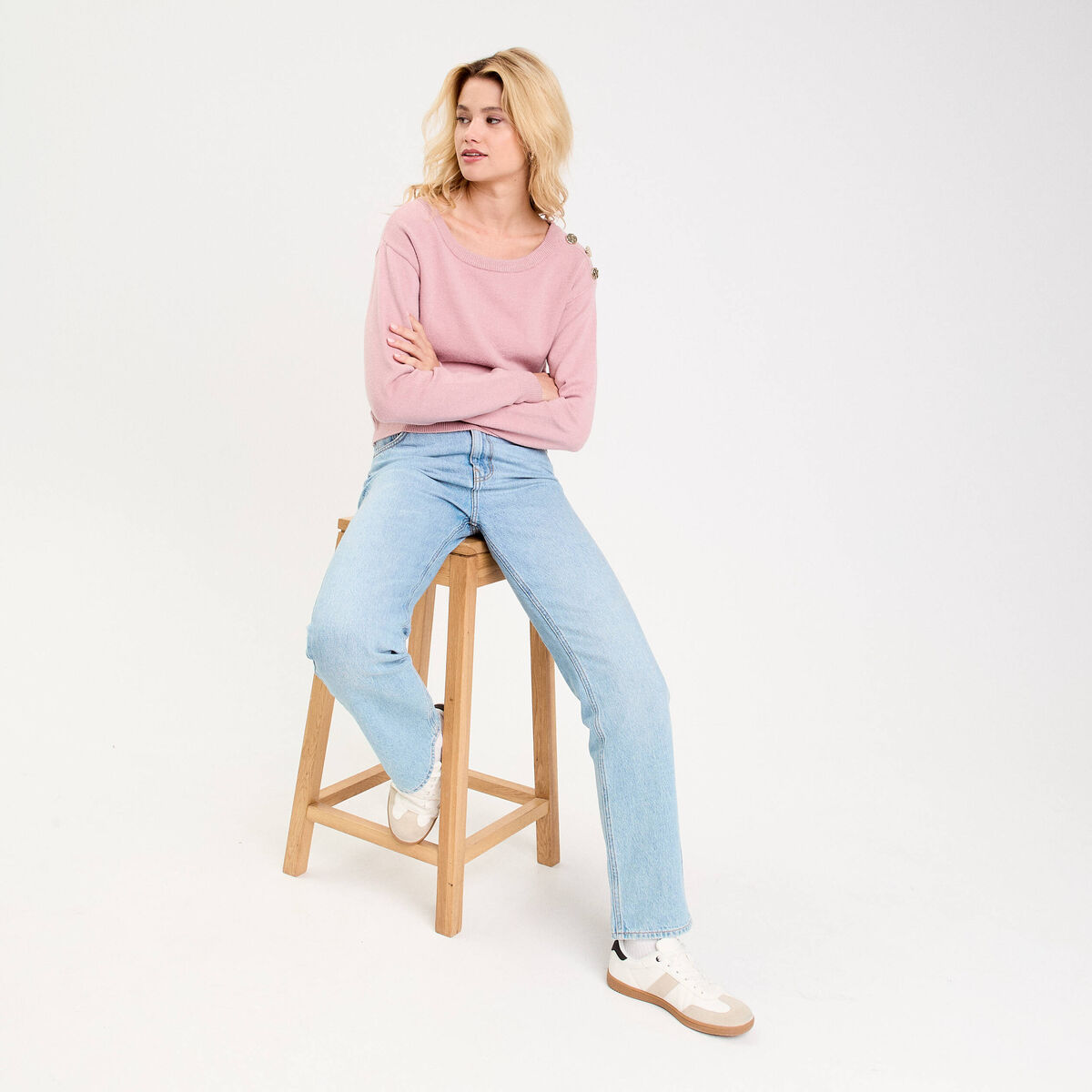 Pull fin col rond manches longues rose poudr&eacute;e femme