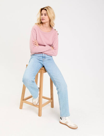 Pull fin col rond manches longues rose poudr&eacute;e femme