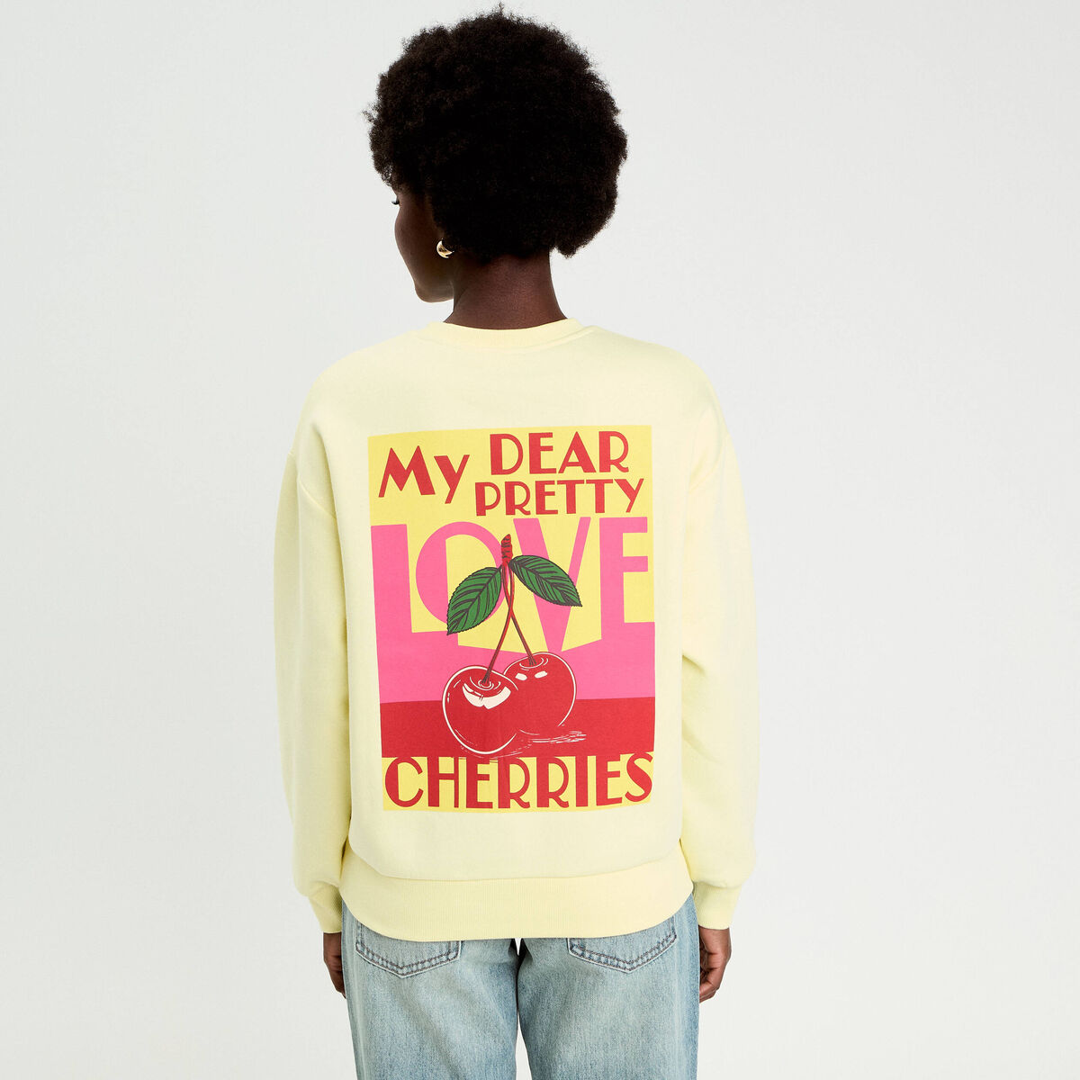Sweat col rond manches longues jaune clair femme