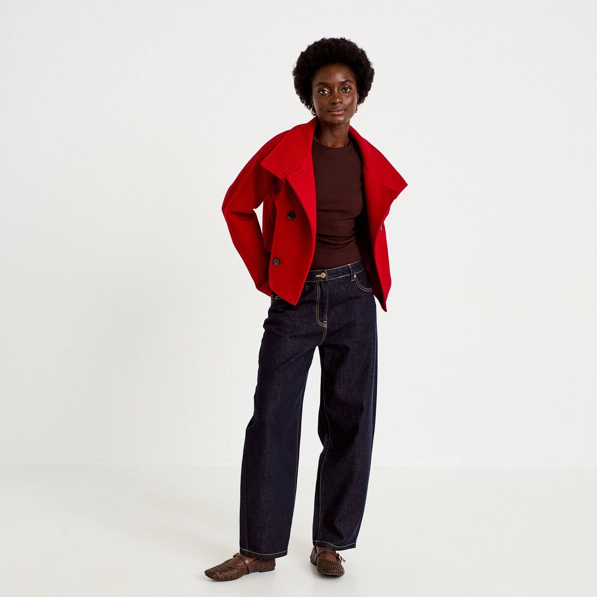 Caban court col montant rouge femme