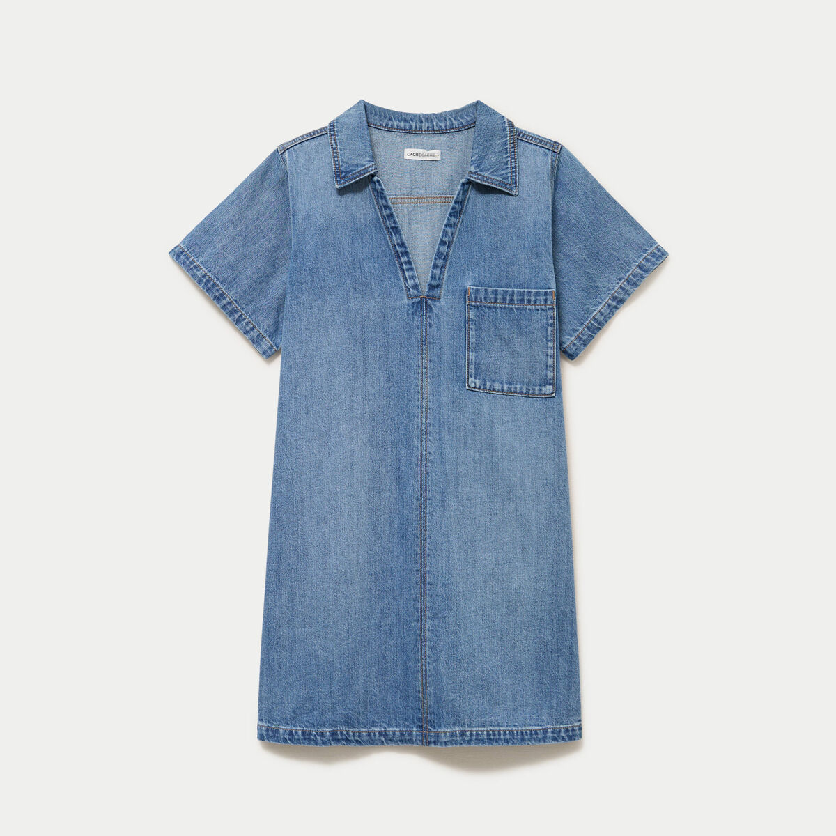 Robe trap&egrave;ze courte en jean col chemise denim double stone femme