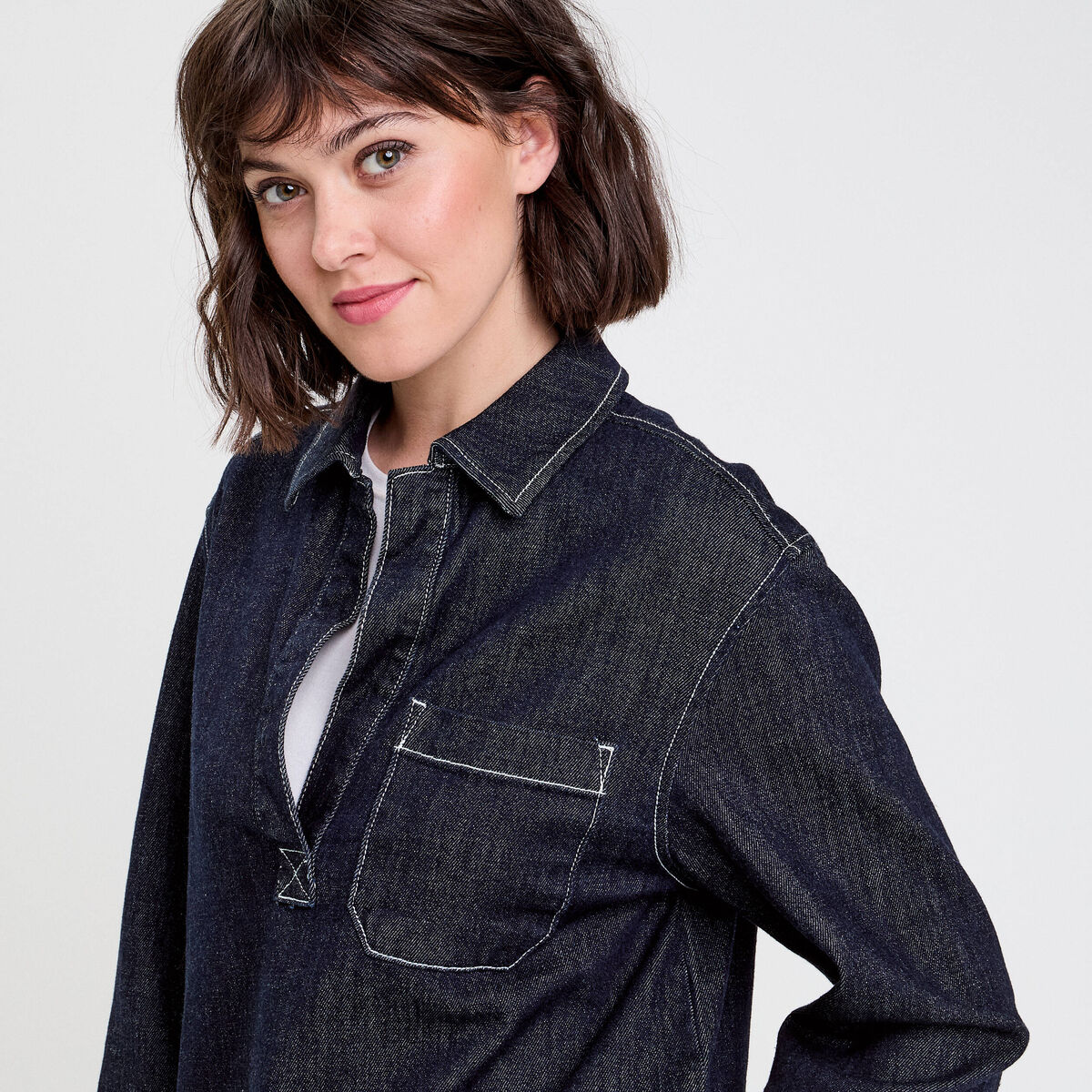 Blouse col chemise manches longues denim brut femme