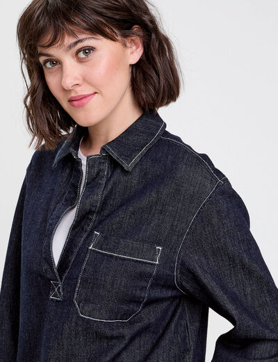 Blouse col chemise manches longues denim brut femme