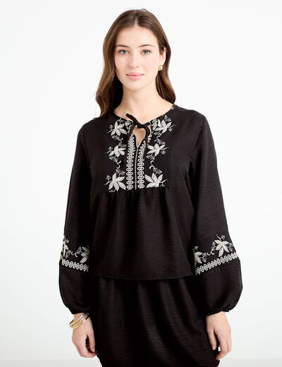 Blouse ample broderie noir femme