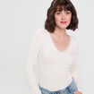 T-shirt thermique col en V plumetis ecru femme