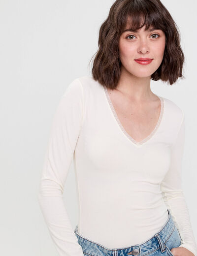 T-shirt thermique col en V plumetis ecru femme