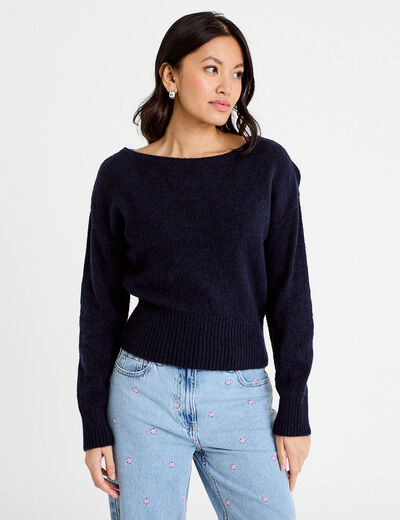 Pull col bateau bleu marine femme