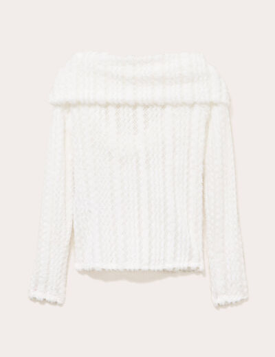 Pull cintr&eacute; court col bardot ecru femme