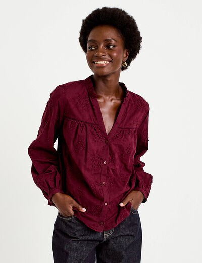 Blouse droite col rond manches longues bordeaux femme