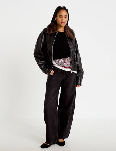Veste droite similicuir col tailleur noir femme