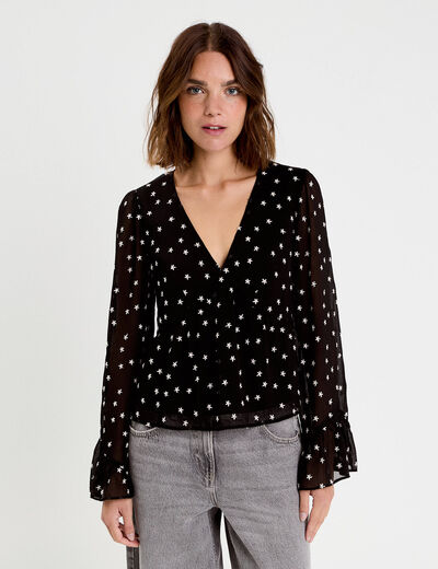 Blouse brod&eacute;e volant&eacute;e noir femme