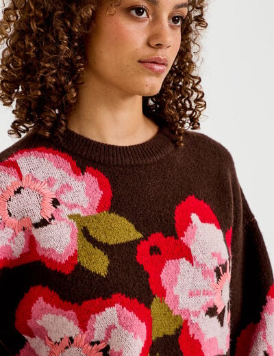 Pull ample col rond manches longues marron fonc&eacute; femme