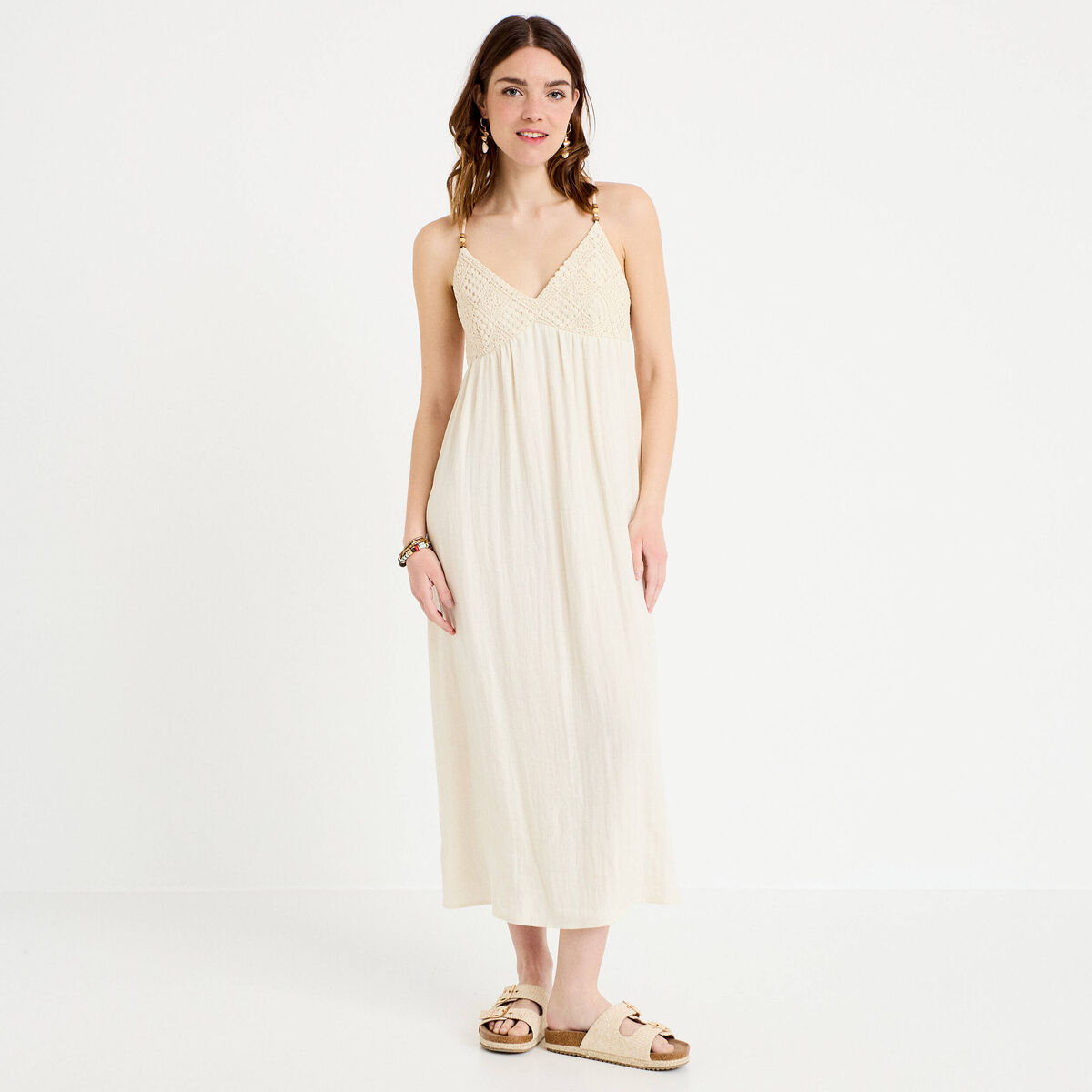 Robe bi-mati&egrave;re col v bretelles fines ecru femme