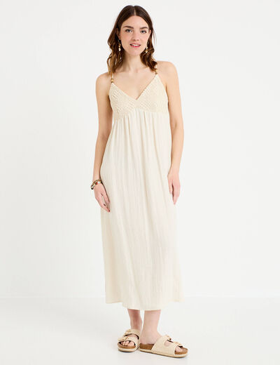 Robe bi-mati&egrave;re col v bretelles fines ecru femme