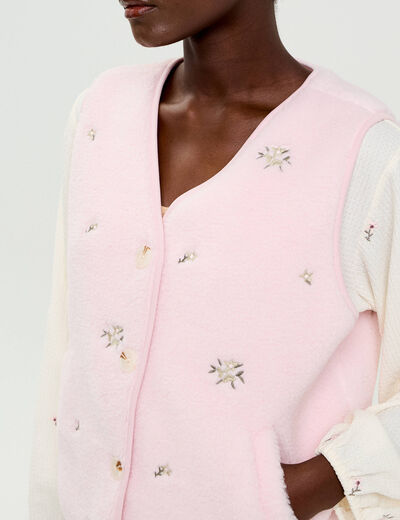 Gilet sans manches brod&eacute; effet polaire vieux rose femme