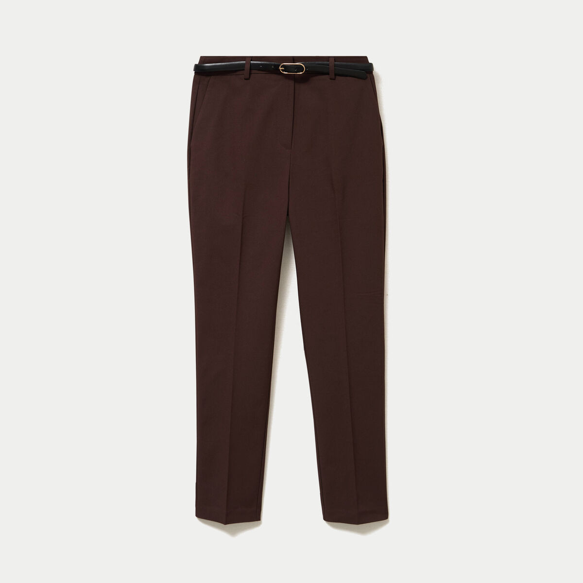 Pantalon cigarette ceintur&eacute; marron fonc&eacute; femme