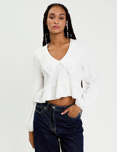 Blouse cropped grand col brod&eacute; ecru femme