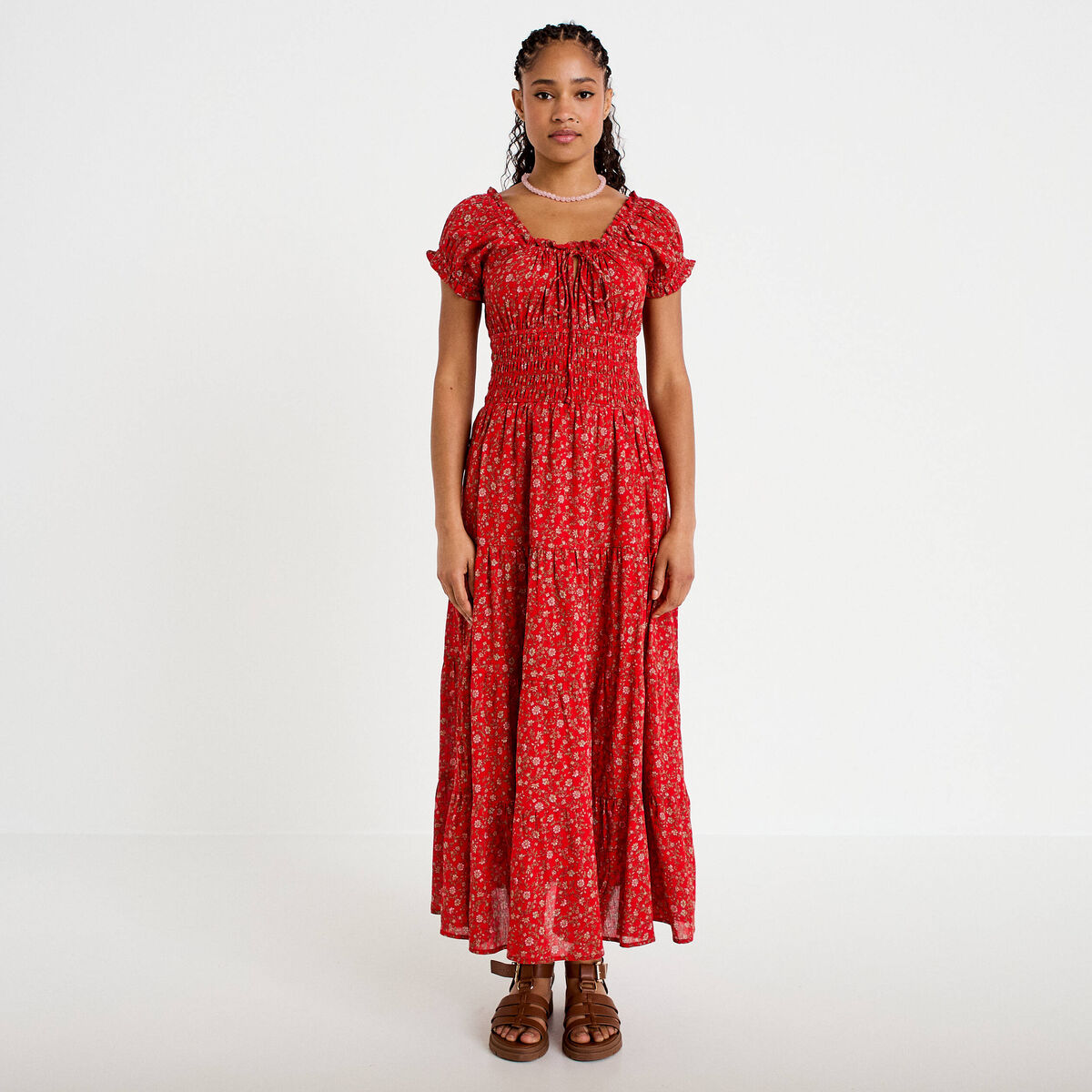 Robe longue &eacute;vas&eacute;e col carr&eacute; rouge femme