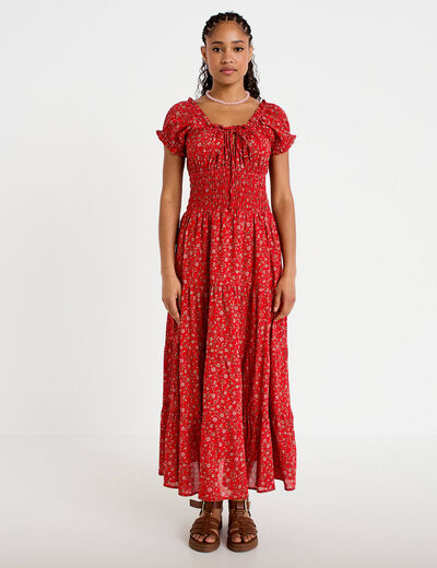 Robe longue &eacute;vas&eacute;e col carr&eacute; rouge femme