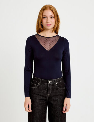 Body thermique col rond manches longues bleu marine femme