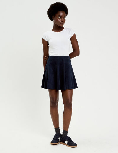 Jupe courte &eacute;vas&eacute;e aspect daim bleu marine femme