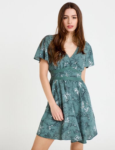 Robe courte &eacute;vas&eacute;e col v manches courtes bleu femme