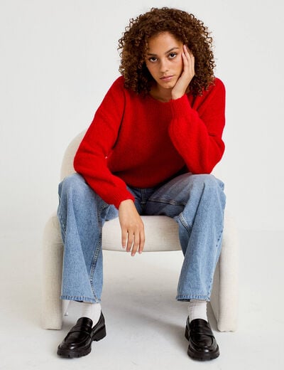 Pull ample col bateau manches longues rouge femme