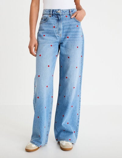 Jean wide leg taille haute brod&eacute; denim double stone femme