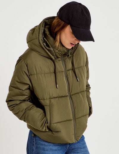 Doudoune courte bas resserr&eacute; capuche vert kaki femme