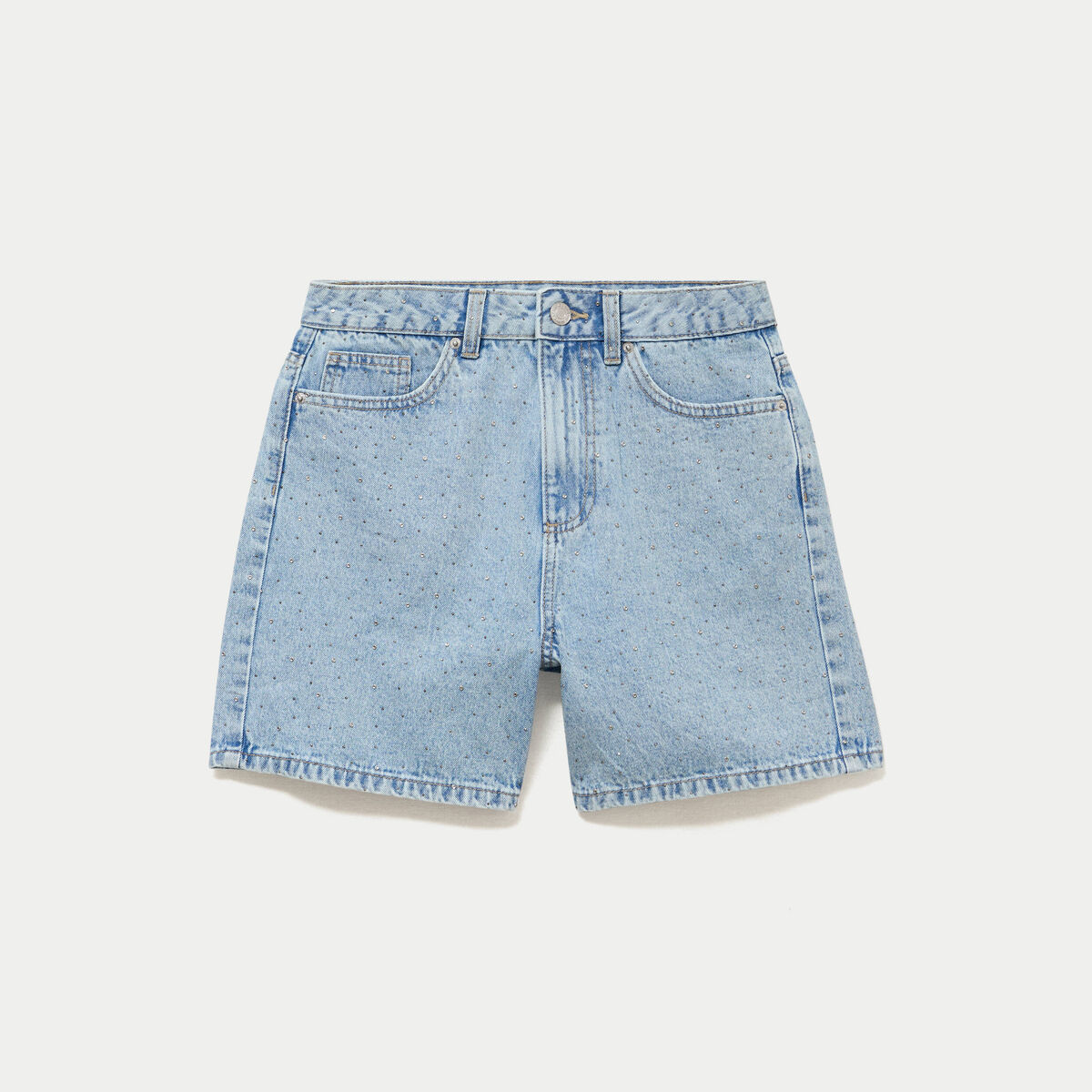 Short mom taille haute en jean strass denim triple stone femme