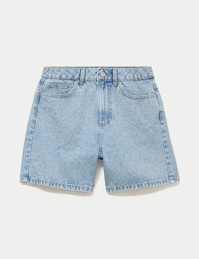 Short mom taille haute en jean strass denim triple stone femme