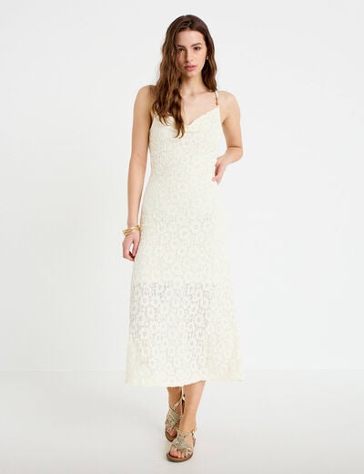 Robe longue droite en maille ecru femme