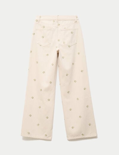 Jean wide leg broderie taille haute denim blanc femme