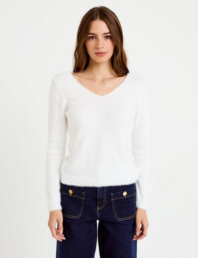 Pull col v manches longues ecru femme