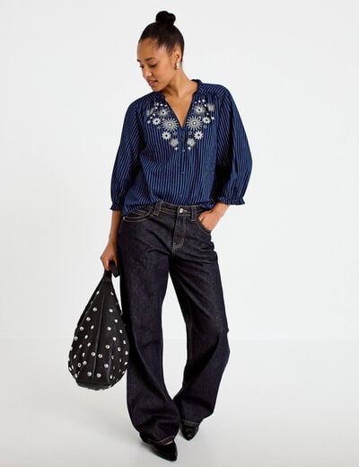 Blouse ample broderie manches 3/4 bleu femme
